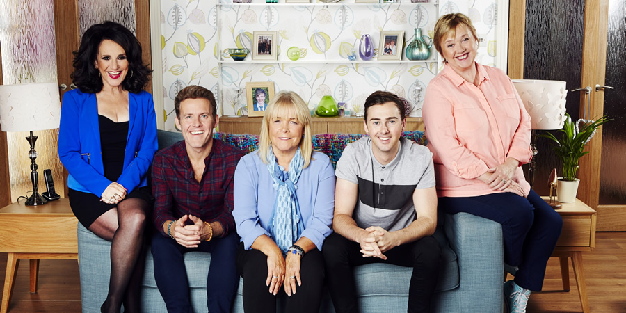 Birds Of A Feather. Image shows from L to R: Dorien Green (Lesley Joseph), Garth Stubbs (Samuel James), Tracey Stubbs (Linda Robson), Travis Stubbs (Charlie Quirke), Sharon Theodopolopodous (Pauline Quirke). Copyright: Alomo Productions / Retort. Birds Of A Feather. Image shows from L to R: Dorien Green (Lesley Joseph), Garth Stubbs (Samuel James), Tracey Stubbs (Linda Robson), Travis Stubbs (Charlie Quirke), Sharon Theodopolopodous (Pauline Quirke). Copyright: Alomo Productions / Retort.