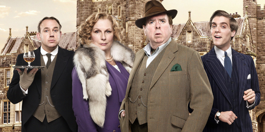 Blandings. Image shows from L to R: Beach (Tim Vine), Connie (Jennifer Saunders), Clarence (Timothy Spall), Freddie (Jack Farthing). Copyright: Mammoth Screen. Blandings. Image shows from L to R: Beach (Tim Vine), Connie (Jennifer Saunders), Clarence (Timothy Spall), Freddie (Jack Farthing). Copyright: Mammoth Screen.