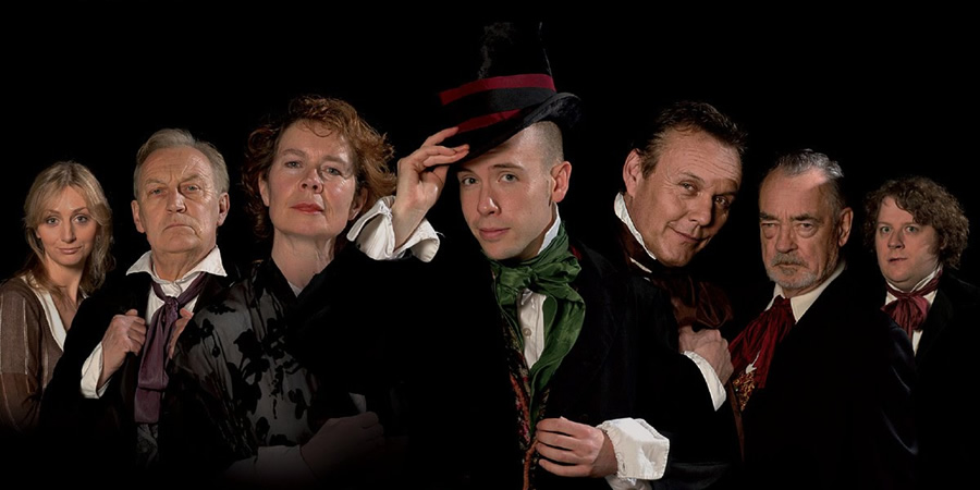 Bleak Expectations. Image shows from L to R: Pippa Bin (Susy Kane), Hardthrasher (Geoffrey Whitehead), Aunt Lily (Celia Imrie), Young Pip (Tom Allen), Mr Gently Benevolent (Anthony Head), Sir Philip Bin (Richard Johnson), Harry Biscuit (James Bachman). Copyright: BBC. Bleak Expectations. Image shows from L to R: Pippa Bin (Susy Kane), Hardthrasher (Geoffrey Whitehead), Aunt Lily (Celia Imrie), Young Pip (Tom Allen), Mr Gently Benevolent (Anthony Head), Sir Philip Bin (Richard Johnson), Harry Biscuit (James Bachman). Copyright: BBC.