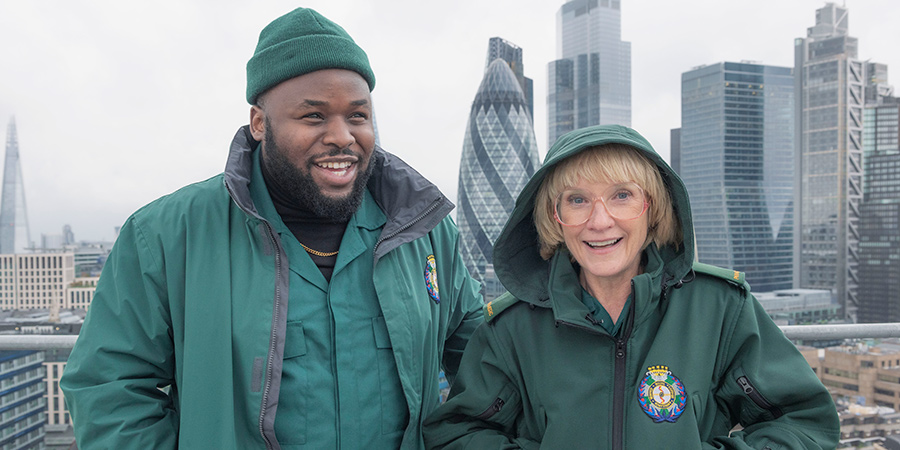 Bloods. Image shows from L to R: Maleek (Samson Kayo), Wendy (Jane Horrocks). Copyright: Roughcut Television. Bloods. Image shows from L to R: Maleek (Samson Kayo), Wendy (Jane Horrocks). Copyright: Roughcut Television.