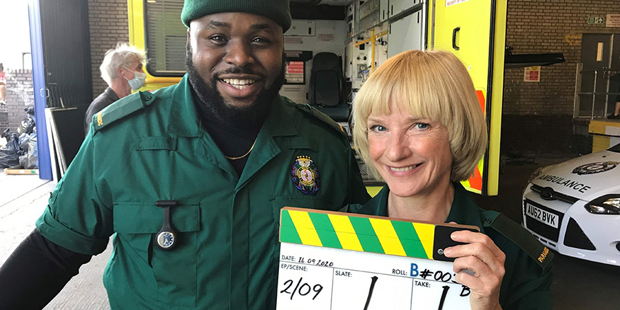 Bloods. Image shows from L to R: Maleek (Samson Kayo), Wendy (Jane Horrocks). Copyright: Roughcut Television. Bloods. Image shows from L to R: Maleek (Samson Kayo), Wendy (Jane Horrocks). Copyright: Roughcut Television.
