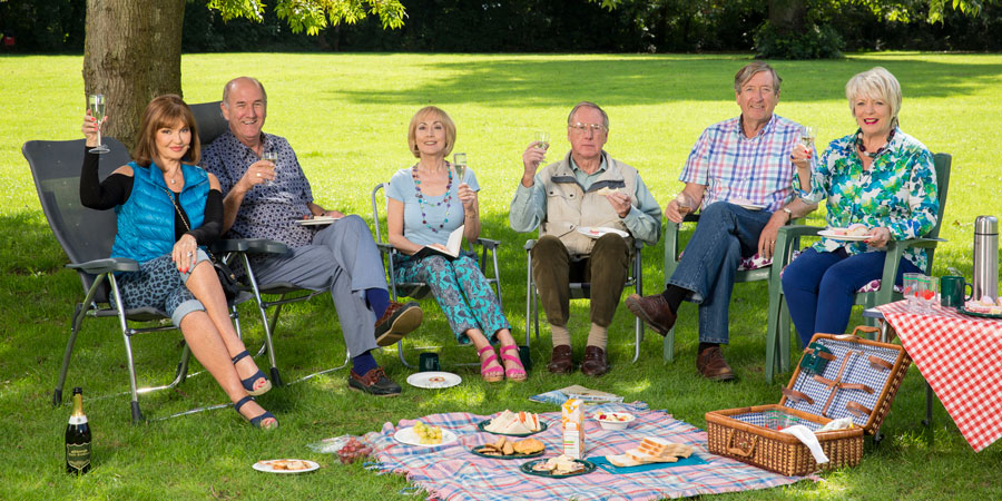 Boomers. Image shows from L to R: Maureen (Stephanie Beacham), John (Russ Abbot), Carol (Paula Wilcox), Trevor (James Smith), Alan (Philip Jackson), Joyce (Alison Steadman). Copyright: Hat Trick Productions. Boomers. Image shows from L to R: Maureen (Stephanie Beacham), John (Russ Abbot), Carol (Paula Wilcox), Trevor (James Smith), Alan (Philip Jackson), Joyce (Alison Steadman). Copyright: Hat Trick Productions.
