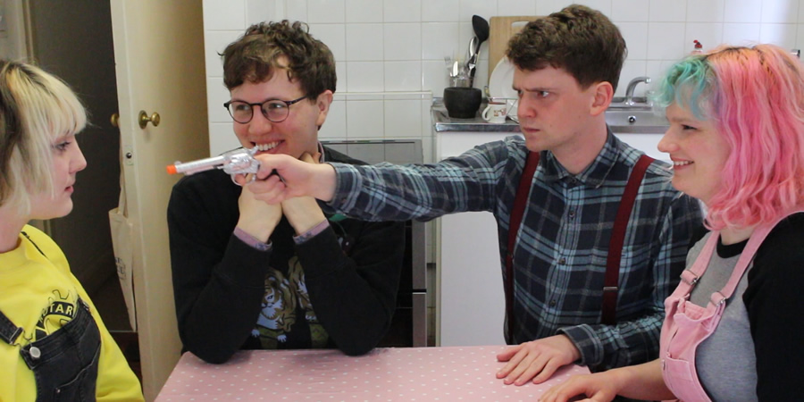 Boondoggle: The Intro Vids. Image shows from L to R: Sian (Siân Docksey), Sam (Sam Nicoresti), Tom (Tom Burgess), Zoe (Zoë Tomalin). Boondoggle: The Intro Vids. Image shows from L to R: Sian (Siân Docksey), Sam (Sam Nicoresti), Tom (Tom Burgess), Zoe (Zoë Tomalin).