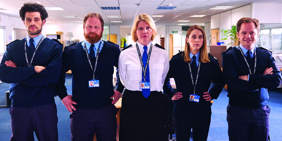Borderline. Image shows from L to R: Tariq Mansoor (David Avery), Grant Brodie (Jamie Michie), Linda Proctor (Jackie Clune), Andy Church (Liz Kingsman), Clive Hassler (David Elms). Copyright: Little Rock. Borderline. Image shows from L to R: Tariq Mansoor (David Avery), Grant Brodie (Jamie Michie), Linda Proctor (Jackie Clune), Andy Church (Liz Kingsman), Clive Hassler (David Elms). Copyright: Little Rock.