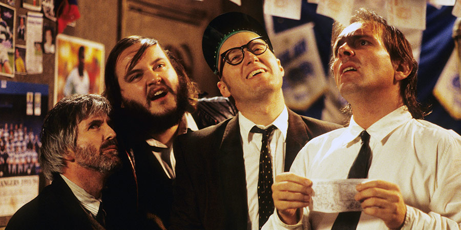 Bottom. Image shows from L to R: Dave Hedgehog (Christopher Ryan), Spudgun (Steven O'Donnell), Eddie Hitler (Adrian Edmondson), Richie Richard (Rik Mayall). Copyright: BBC. Bottom. Image shows from L to R: Dave Hedgehog (Christopher Ryan), Spudgun (Steven O'Donnell), Eddie Hitler (Adrian Edmondson), Richie Richard (Rik Mayall). Copyright: BBC.