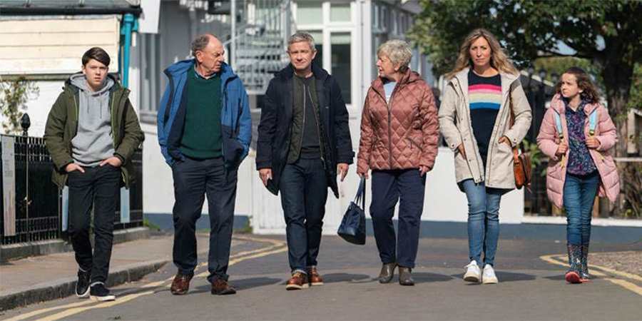 Breeders. Image shows from L to R: Luke (Alex Eastwood), Jim (Alun Armstrong), Paul (Martin Freeman), Ally (Daisy Haggard), Jackie (Joanna Bacon), Ally (Daisy Haggard), Ava (Eve Prenelle). Copyright: Avalon Television. Breeders. Image shows from L to R: Luke (Alex Eastwood), Jim (Alun Armstrong), Paul (Martin Freeman), Ally (Daisy Haggard), Jackie (Joanna Bacon), Ally (Daisy Haggard), Ava (Eve Prenelle). Copyright: Avalon Television.