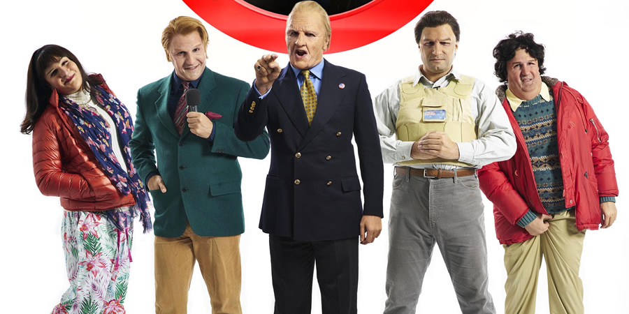 Britain Today Tonight. Image shows from L to R: Mandi Manners (Kayvan Novak), Ken Kildoon (Kayvan Novak), Douglas 'Digger' Daley (Kayvan Novak), Jon Donovan (Kayvan Novak), Peter P. Powers (Kayvan Novak). Copyright: Objective Productions. Britain Today Tonight. Image shows from L to R: Mandi Manners (Kayvan Novak), Ken Kildoon (Kayvan Novak), Douglas 'Digger' Daley (Kayvan Novak), Jon Donovan (Kayvan Novak), Peter P. Powers (Kayvan Novak). Copyright: Objective Productions.
