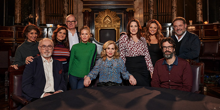 Britain's Greatest Comedy Character. Image shows from L to R: Shappi Khorsandi, Peter Egan, Nina Wadia, David Quantick, Lucy Beaumont, Sally Phillips, Grace Dent, Emily Atack, Marcus Brigstocke, John Thomson. Copyright: Crook Productions. Britain's Greatest Comedy Character. Image shows from L to R: Shappi Khorsandi, Peter Egan, Nina Wadia, David Quantick, Lucy Beaumont, Sally Phillips, Grace Dent, Emily Atack, Marcus Brigstocke, John Thomson. Copyright: Crook Productions.