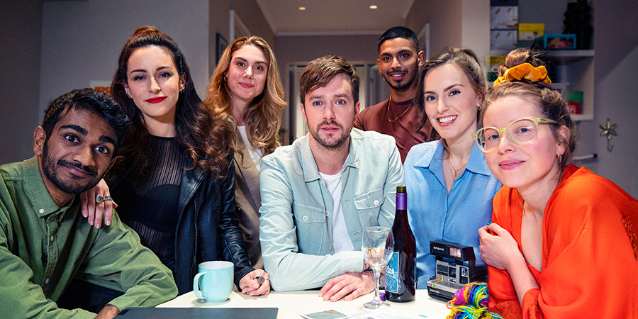 Buffering. Image shows from L to R: Greg (Paul G Raymond), Thalia (Janine Harouni), Olivia (Elena Saurel), Iain (Iain Stirling), Robbie (Sean Sagar), Ashley (Rosa Robson), Rosie (Jessie Cave). Copyright: Avalon Television. Buffering. Image shows from L to R: Greg (Paul G Raymond), Thalia (Janine Harouni), Olivia (Elena Saurel), Iain (Iain Stirling), Robbie (Sean Sagar), Ashley (Rosa Robson), Rosie (Jessie Cave). Copyright: Avalon Television.