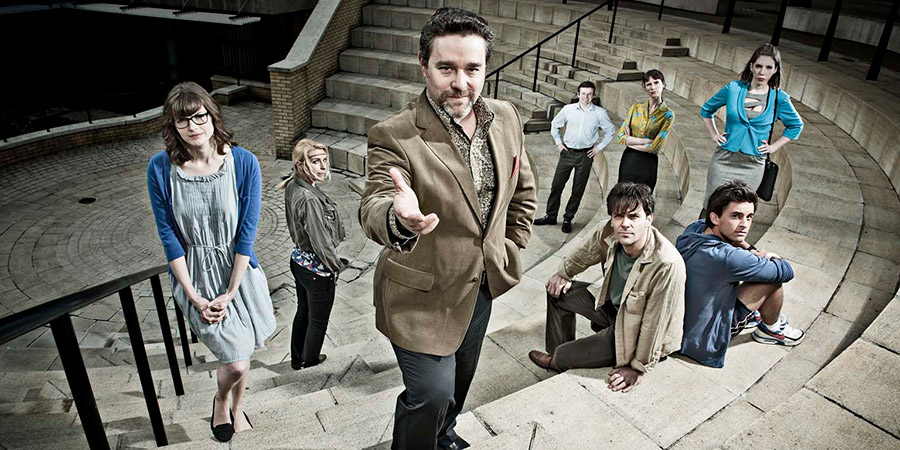 Campus. Image shows from L to R: Imogen Moffat (Lisa Jackson), Nicole Huggins (Sara Pascoe), Jonty de Wolfe (Andy Nyman), Jason Armitage (Will Adamsdale), Matt Beer (Joseph Millson), Lydia Tennant (Dolly Wells), Flatpack (Jonathan Bailey), Georgina 'George' Bryan (Katherine Ryan). Copyright: Monicker Pictures. Campus. Image shows from L to R: Imogen Moffat (Lisa Jackson), Nicole Huggins (Sara Pascoe), Jonty de Wolfe (Andy Nyman), Jason Armitage (Will Adamsdale), Matt Beer (Joseph Millson), Lydia Tennant (Dolly Wells), Flatpack (Jonathan Bailey), Georgina 'George' Bryan (Katherine Ryan). Copyright: Monicker Pictures.