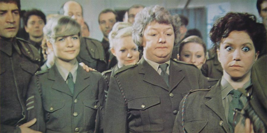 Carry On England. Image shows from L to R: Maj. Butcher (Julian Holloway), Sgt. Tilly Willing (Judy Geeson), Unknown, Pte. Jennifer Ffoukes-Sharpe (Joan Sims), Pte. Alice Easy (Diane Langton). Copyright: Peter Rogers Productions. Carry On England. Image shows from L to R: Maj. Butcher (Julian Holloway), Sgt. Tilly Willing (Judy Geeson), Unknown, Pte. Jennifer Ffoukes-Sharpe (Joan Sims), Pte. Alice Easy (Diane Langton). Copyright: Peter Rogers Productions.