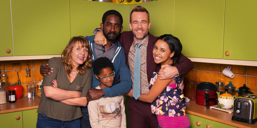 Carters Get Rich. Image shows from L to R: Liz Carter (Kerry Godliman), Harry Carter (Rio Chambers), Tony Carter (Rhashan Stone), Trent Zebrisky (James Van Der Beek), Ellie Carter (Rhianna Merralls). Carters Get Rich. Image shows from L to R: Liz Carter (Kerry Godliman), Harry Carter (Rio Chambers), Tony Carter (Rhashan Stone), Trent Zebrisky (James Van Der Beek), Ellie Carter (Rhianna Merralls).