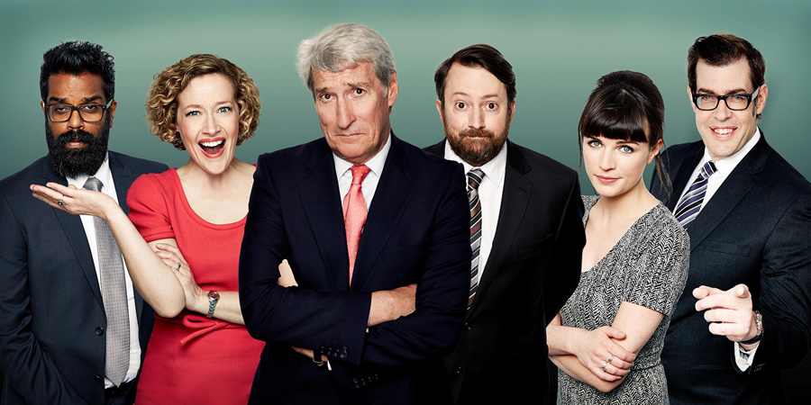 Channel 4's Alternative Election Night. Image shows from L to R: Romesh Ranganathan, Cathy Newman, Jeremy Paxman, David Mitchell, Aisling Bea, Richard Osman. Copyright: Zeppotron. Channel 4's Alternative Election Night. Image shows from L to R: Romesh Ranganathan, Cathy Newman, Jeremy Paxman, David Mitchell, Aisling Bea, Richard Osman. Copyright: Zeppotron.