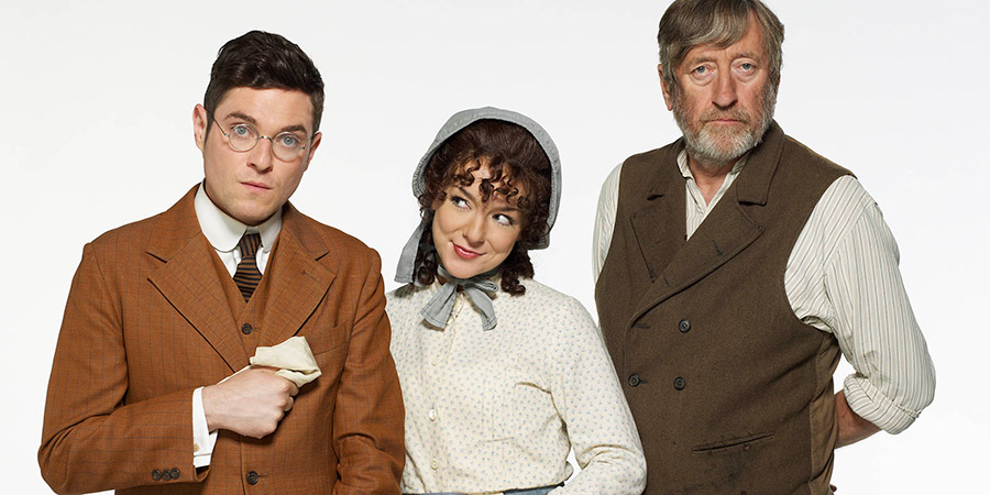 Chekhov: Comedy Shorts. Image shows from L to R: Lomov (Mathew Horne), Natasha (Sheridan Smith), Natasha's Father (Philip Jackson). Copyright: Baby Cow Productions. Chekhov: Comedy Shorts. Image shows from L to R: Lomov (Mathew Horne), Natasha (Sheridan Smith), Natasha's Father (Philip Jackson). Copyright: Baby Cow Productions.