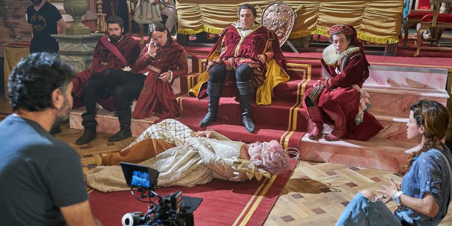 Cinderella: After Ever After. Image shows from L to R: Pongo (Ben Ashenden), Snorter (Alexander Owen), Prince Charming (David Walliams), Herald (Matthew Steer). Copyright: King Bert Productions. Cinderella: After Ever After. Image shows from L to R: Pongo (Ben Ashenden), Snorter (Alexander Owen), Prince Charming (David Walliams), Herald (Matthew Steer). Copyright: King Bert Productions.