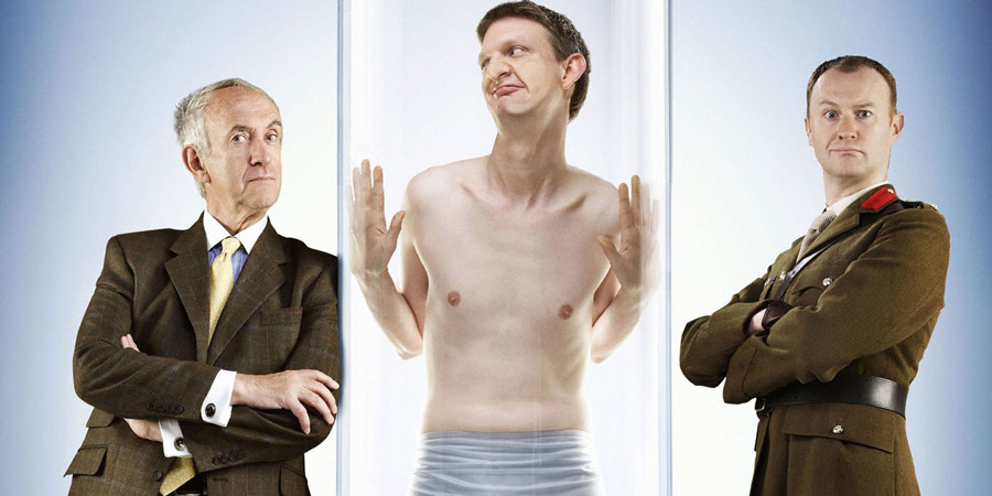 Clone. Image shows from L to R: Dr. Victor Blenkinsop (Jonathan Pryce), Clone (Stuart McLoughlin), Colonel Black (Mark Gatiss). Copyright: Roughcut Television. Clone. Image shows from L to R: Dr. Victor Blenkinsop (Jonathan Pryce), Clone (Stuart McLoughlin), Colonel Black (Mark Gatiss). Copyright: Roughcut Television.