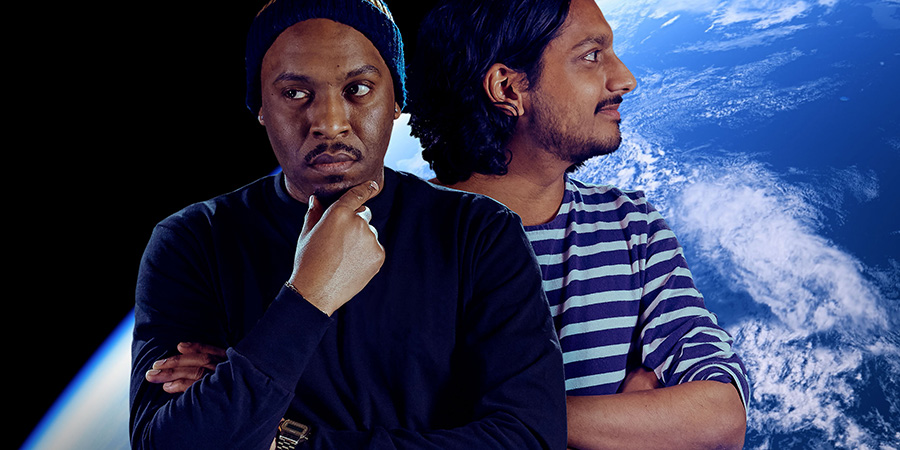Comedians Solve World Problems. Image shows from L to R: Dane Baptiste, Ahir Shah. Copyright: Rumpus Media. Comedians Solve World Problems. Image shows from L to R: Dane Baptiste, Ahir Shah. Copyright: Rumpus Media.