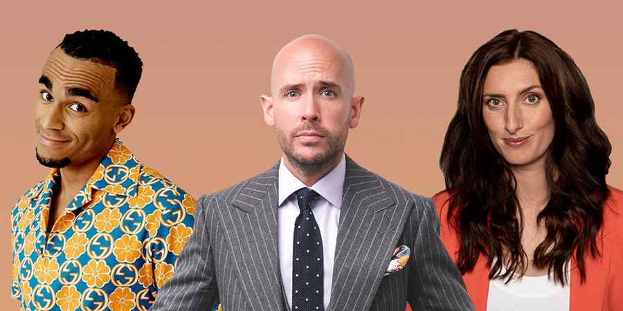 Complaints Welcome. Image shows from L to R: Jessica Knappett, Tom Allen, Munya Chawawa. Copyright: Rumpus Media. Complaints Welcome. Image shows from L to R: Jessica Knappett, Tom Allen, Munya Chawawa. Copyright: Rumpus Media.