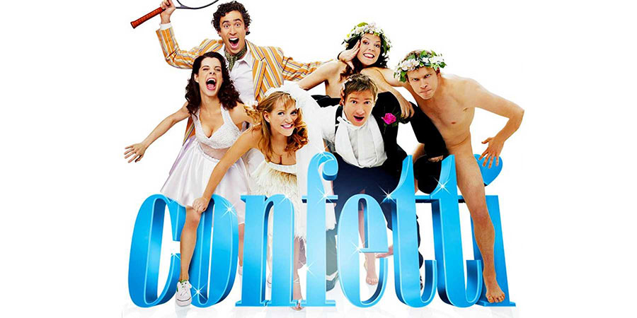 Confetti. Image shows from L to R: Isabelle (Meredith MacNeill), Josef (Stephen Mangan), Sam (Jessica Hynes), Matt (Martin Freeman), Joanna (Olivia Colman), Michael (Robert Webb). Copyright: BBC. Confetti. Image shows from L to R: Isabelle (Meredith MacNeill), Josef (Stephen Mangan), Sam (Jessica Hynes), Matt (Martin Freeman), Joanna (Olivia Colman), Michael (Robert Webb). Copyright: BBC.