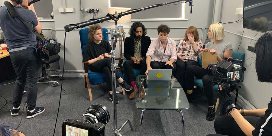 Content. Image shows from L to R: Taylor (Belle Fage), Jam (Rajiv Karia), Alex (Yiannis Vassilakis), Hetty (Kath Hughes), A-A (Molly McNerney). Copyright: Turtle Canyon Comedy. Content. Image shows from L to R: Taylor (Belle Fage), Jam (Rajiv Karia), Alex (Yiannis Vassilakis), Hetty (Kath Hughes), A-A (Molly McNerney). Copyright: Turtle Canyon Comedy.