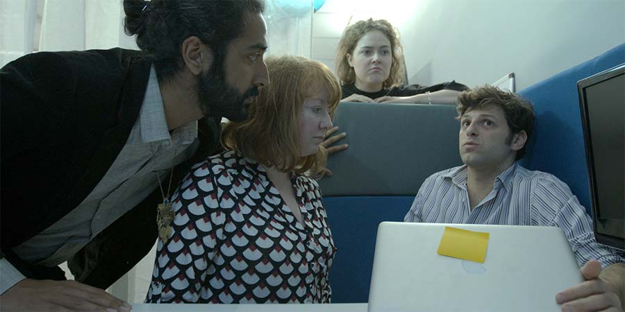 Content. Image shows from L to R: Jam (Rajiv Karia), Hetty (Kath Hughes), Taylor (Belle Fage), Alex (Yiannis Vassilakis). Copyright: Turtle Canyon Comedy. Content. Image shows from L to R: Jam (Rajiv Karia), Hetty (Kath Hughes), Taylor (Belle Fage), Alex (Yiannis Vassilakis). Copyright: Turtle Canyon Comedy.
