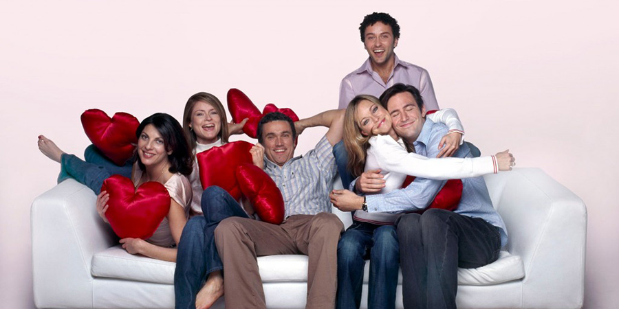 Coupling. Image shows from L to R: Jane (Gina Bellman), Sally (Kate Isitt), Patrick (Ben Miles), Susan (Sarah Alexander), Oliver (Richard Mylan), Steve (Jack Davenport). Copyright: Hartswood Films Ltd. Coupling. Image shows from L to R: Jane (Gina Bellman), Sally (Kate Isitt), Patrick (Ben Miles), Susan (Sarah Alexander), Oliver (Richard Mylan), Steve (Jack Davenport). Copyright: Hartswood Films Ltd.