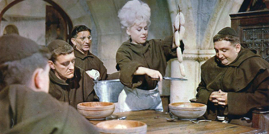 Crooks In Cloisters. Image shows from L to R: Squirts (Bernard Cribbins), Specs (Davy Kaye), Bikini (Barbara Windsor), Walter (Ronald Fraser). Copyright: Associated British Picture Corporation / STUDIOCANAL. Crooks In Cloisters. Image shows from L to R: Squirts (Bernard Cribbins), Specs (Davy Kaye), Bikini (Barbara Windsor), Walter (Ronald Fraser). Copyright: Associated British Picture Corporation / STUDIOCANAL.