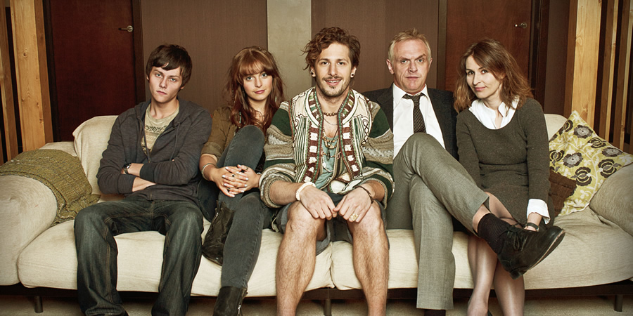 Cuckoo. Image shows from L to R: Dylan (Tyger Drew-Honey), Rachel (Tamla Kari), Cuckoo (Andy Samberg), Ken (Greg Davies), Lorna (Helen Baxendale). Copyright: Roughcut Television. Cuckoo. Image shows from L to R: Dylan (Tyger Drew-Honey), Rachel (Tamla Kari), Cuckoo (Andy Samberg), Ken (Greg Davies), Lorna (Helen Baxendale). Copyright: Roughcut Television.