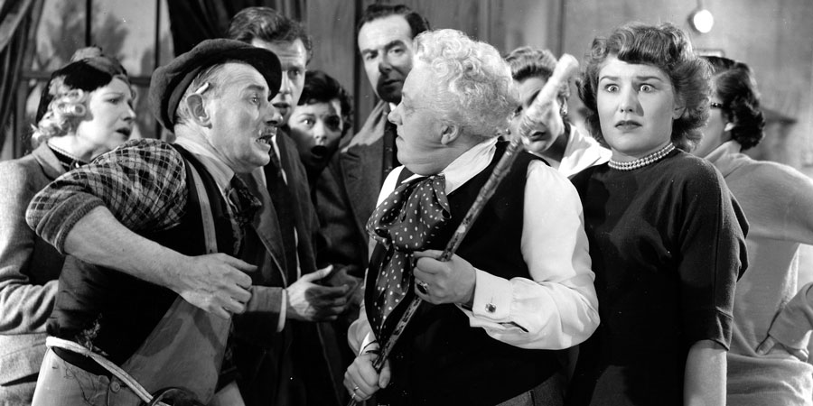 Curtain Up. Image shows from L to R: George (Charles Lamb), Catherine Beckwith (Margaret Rutherford), Daphne (Charlotte Mitchell). Copyright: Rank Organisation / ITV Studios. Curtain Up. Image shows from L to R: George (Charles Lamb), Catherine Beckwith (Margaret Rutherford), Daphne (Charlotte Mitchell). Copyright: Rank Organisation / ITV Studios.