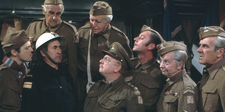 Dad's Army. Image shows from L to R: Private Pike (Ian Lavender), Chief A.R.P. Warden Hodges (Bill Pertwee), Private Frazer (John Laurie), Private Godfrey (Arnold Ridley), Captain Mainwaring (Arthur Lowe), Private Walker (James Beck), Lance Corporal Jones (Clive Dunn), Sergeant Wilson (John Le Mesurier). Copyright: BBC. Dad's Army. Image shows from L to R: Private Pike (Ian Lavender), Chief A.R.P. Warden Hodges (Bill Pertwee), Private Frazer (John Laurie), Private Godfrey (Arnold Ridley), Captain Mainwaring (Arthur Lowe), Private Walker (James Beck), Lance Corporal Jones (Clive Dunn), Sergeant Wilson (John Le Mesurier). Copyright: BBC.