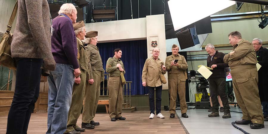 Dad's Army - The Lost Episodes. Image shows from L to R: Private Pike (Tom Rosenthal), Private Godfrey (Timothy West), Private Frazer (David Hayman), Lance Corporal Jones (Kevin Eldon), Private Walker (Mathew Horne), Captain Mainwaring (Kevin McNally), Sergeant Wilson (Robert Bathurst), Unknown, Unknown, Unknown. Copyright: UKTV. Dad's Army - The Lost Episodes. Image shows from L to R: Private Pike (Tom Rosenthal), Private Godfrey (Timothy West), Private Frazer (David Hayman), Lance Corporal Jones (Kevin Eldon), Private Walker (Mathew Horne), Captain Mainwaring (Kevin McNally), Sergeant Wilson (Robert Bathurst), Unknown, Unknown, Unknown. Copyright: UKTV.