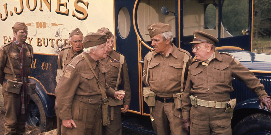 Dad's Army. Image shows from L to R: Private Pike (Ian Lavender), Private Frazer (John Laurie), Private Godfrey (Arnold Ridley), Lance Corporal Jones (Clive Dunn), Sergeant Wilson (John Le Mesurier), Captain Mainwaring (Arthur Lowe). Copyright: BBC. Dad's Army. Image shows from L to R: Private Pike (Ian Lavender), Private Frazer (John Laurie), Private Godfrey (Arnold Ridley), Lance Corporal Jones (Clive Dunn), Sergeant Wilson (John Le Mesurier), Captain Mainwaring (Arthur Lowe). Copyright: BBC.