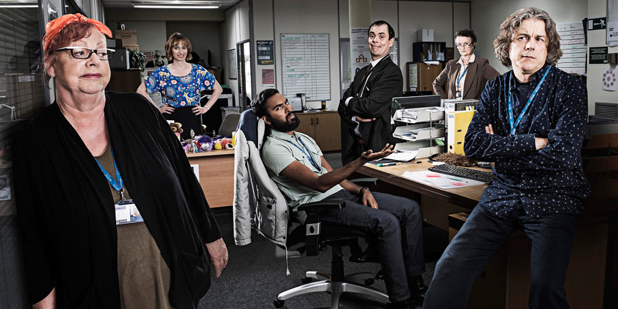 Damned. Image shows from L to R: Rose Denby (Jo Brand), Natalie Moore (Isy Suttie), Nitin (Himesh Patel), Martin Bickerstaff (Kevin Eldon), Denise Donnelly (Georgie Glen), Al Kavanagh (Alan Davies). Copyright: What Larks Productions. Damned. Image shows from L to R: Rose Denby (Jo Brand), Natalie Moore (Isy Suttie), Nitin (Himesh Patel), Martin Bickerstaff (Kevin Eldon), Denise Donnelly (Georgie Glen), Al Kavanagh (Alan Davies). Copyright: What Larks Productions.