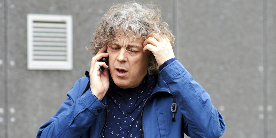 Damned. Al Kavanagh (Alan Davies). Copyright: What Larks Productions. Damned. Al Kavanagh (Alan Davies). Copyright: What Larks Productions.