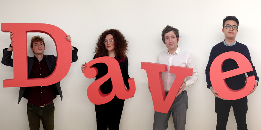 Dave TALKS. Image shows from L to R: James Acaster, Summer Girlfriend (Katy Wix), Tony Deveraux (Elis James), Will Phang (Phil Wang). Dave TALKS. Image shows from L to R: James Acaster, Summer Girlfriend (Katy Wix), Tony Deveraux (Elis James), Will Phang (Phil Wang).