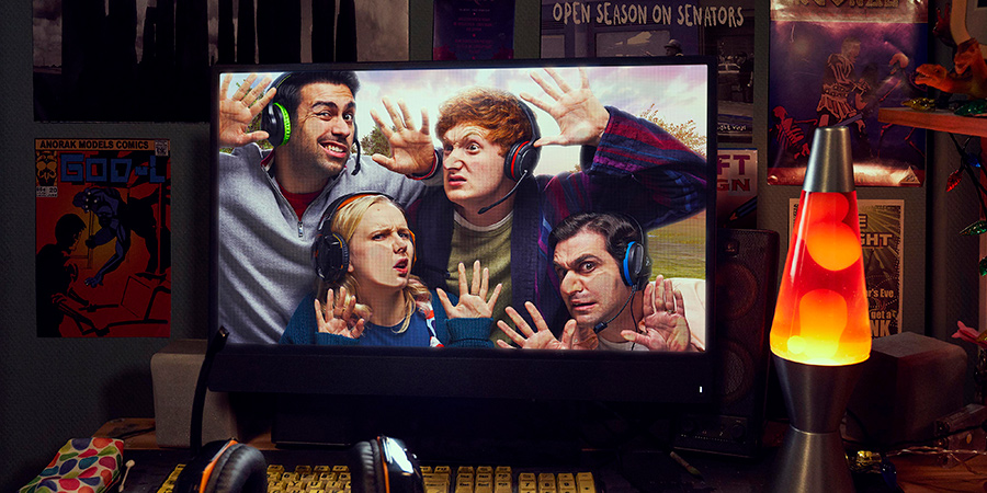 Dead Pixels. Image shows from L to R: Russell (David Mumeni), Megan 'Meg' Jefferies (Alexa Davies), Nicholas 'Nicky' Kettle (Will Merrick), Usman (Sargon Yelda). Dead Pixels. Image shows from L to R: Russell (David Mumeni), Megan 'Meg' Jefferies (Alexa Davies), Nicholas 'Nicky' Kettle (Will Merrick), Usman (Sargon Yelda).