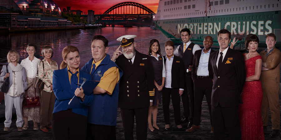 Death On The Tyne. Image shows from L to R: Mildred (Sheila Reid), Hilda (Georgie Glen), Colleen (Sue Johnston), Gemma (Sian Gibson), Terry (Johnny Vegas), Captain Jack (James Fleet), Tracy (Taj Atwal), Denise (Felicity Montagu), DJ Bobby (David Mumeni), Alan (Don Gilet), Justin Valentine (Tony Gardner), Emily (Doon Mackichan), Janus (Jason Cook). Death On The Tyne. Image shows from L to R: Mildred (Sheila Reid), Hilda (Georgie Glen), Colleen (Sue Johnston), Gemma (Sian Gibson), Terry (Johnny Vegas), Captain Jack (James Fleet), Tracy (Taj Atwal), Denise (Felicity Montagu), DJ Bobby (David Mumeni), Alan (Don Gilet), Justin Valentine (Tony Gardner), Emily (Doon Mackichan), Janus (Jason Cook).