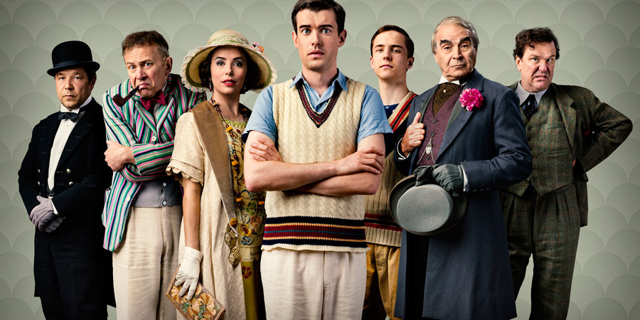 Decline And Fall. Image shows from L to R: Philbrick (Stephen Graham), Predergast (Vincent Franklin), Margot Beste-Chetwynde (Eva Longoria), Paul Pennyfeather (Jack Whitehall), Peter Beste-Chetwynde (Oscar Kennedy), Dr Fagan (David Suchet), Captain Grimes (Douglas Hodge). Copyright: Tiger Aspect Productions / BBC. Decline And Fall. Image shows from L to R: Philbrick (Stephen Graham), Predergast (Vincent Franklin), Margot Beste-Chetwynde (Eva Longoria), Paul Pennyfeather (Jack Whitehall), Peter Beste-Chetwynde (Oscar Kennedy), Dr Fagan (David Suchet), Captain Grimes (Douglas Hodge). Copyright: Tiger Aspect Productions / BBC.
