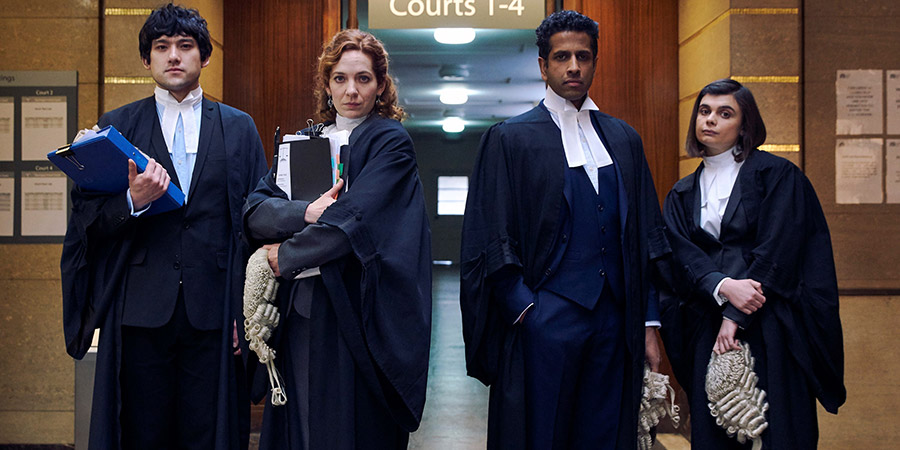 Defending The Guilty. Image shows from L to R: Will Packham (Will Sharpe), Caroline (Katherine Parkinson), Ashley (Prasanna Puwanarajah), Danielle (Gwyneth Keyworth). Copyright: Big Talk Productions. Defending The Guilty. Image shows from L to R: Will Packham (Will Sharpe), Caroline (Katherine Parkinson), Ashley (Prasanna Puwanarajah), Danielle (Gwyneth Keyworth). Copyright: Big Talk Productions.