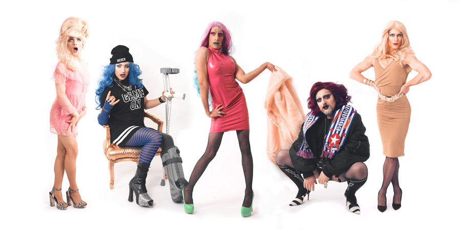 Denim. Image shows from L to R: Shirley Du Naughty (Hugh Wyld), Electra Cute (Guy Woolf), Glamrou La Denim (Amrou Al-Kadhi), Crystal Rasmussen OBE (Tom Rasmussen), Aphrodite Greene (Charlie Parham). Copyright: Red Planet Pictures. Denim. Image shows from L to R: Shirley Du Naughty (Hugh Wyld), Electra Cute (Guy Woolf), Glamrou La Denim (Amrou Al-Kadhi), Crystal Rasmussen OBE (Tom Rasmussen), Aphrodite Greene (Charlie Parham). Copyright: Red Planet Pictures.