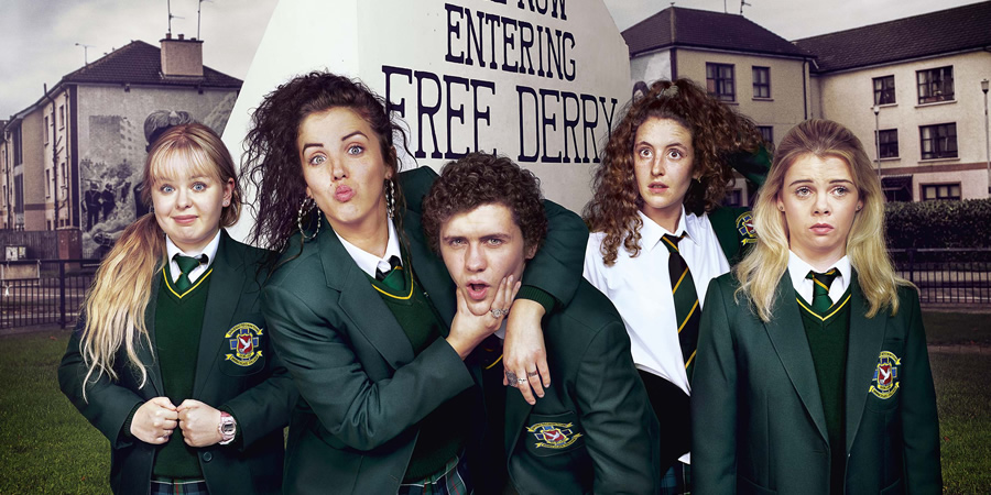 Derry Girls. Image shows from L to R: Clare Devlin (Nicola Coughlan), Michelle Mallon (Jamie-Lee O'Donnell), James Maguire (Dylan Llewelyn), Orla McCool (Louisa Harland), Erin Quinn (Saoirse Jackson). Copyright: Hat Trick Productions. Derry Girls. Image shows from L to R: Clare Devlin (Nicola Coughlan), Michelle Mallon (Jamie-Lee O'Donnell), James Maguire (Dylan Llewelyn), Orla McCool (Louisa Harland), Erin Quinn (Saoirse Jackson). Copyright: Hat Trick Productions.