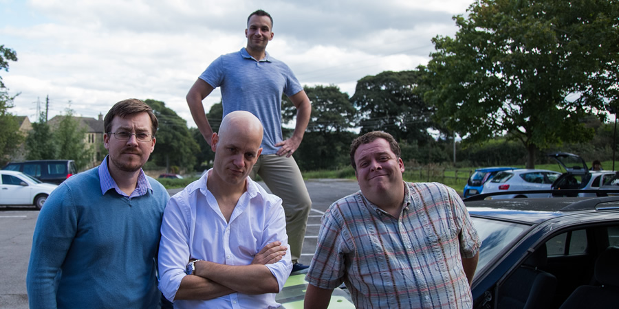 Destination: Dewsbury. Image shows from L to R: Peter (Matt Sheahan), Adam (David J. Keogh), Gaz (Dan Shelton), Smithy (Tom Gilling). Copyright: Steve R Lawson. Destination: Dewsbury. Image shows from L to R: Peter (Matt Sheahan), Adam (David J. Keogh), Gaz (Dan Shelton), Smithy (Tom Gilling). Copyright: Steve R Lawson.