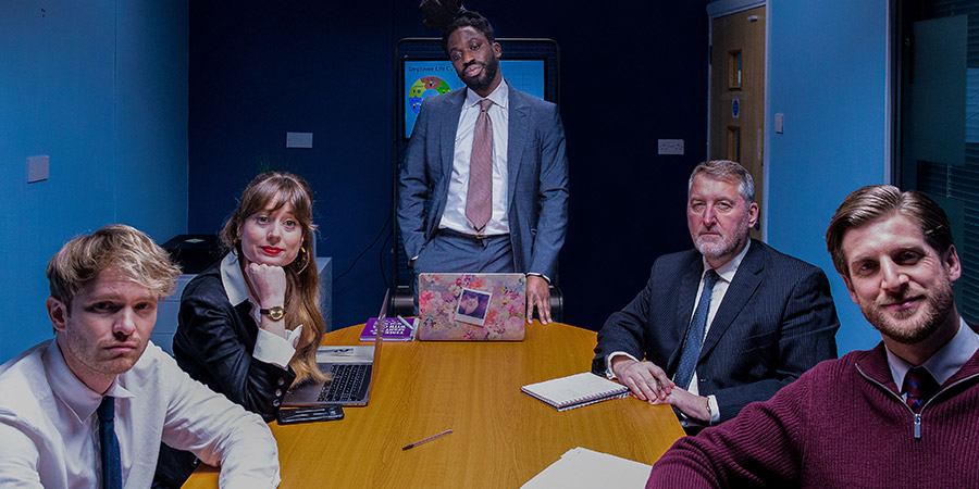 Dreaming Whilst Black. Image shows from L to R: Adam (Alexander Owen), Vicky (Meghan Treadway), Kwabena (Adjani Salmon), Company Director (Graeme Hughes), Jamie (Tom Stourton). Copyright: Big Deal Films. Dreaming Whilst Black. Image shows from L to R: Adam (Alexander Owen), Vicky (Meghan Treadway), Kwabena (Adjani Salmon), Company Director (Graeme Hughes), Jamie (Tom Stourton). Copyright: Big Deal Films.