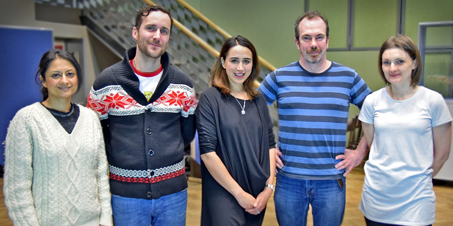 Drivetime. Image shows from L to R: Maryam Hamidi, Danny (Robert Jack), Shazia (Nalini Chetty), Andrew (Gavin Mitchell), Michelle (Ashley Smith). Copyright: BBC. Drivetime. Image shows from L to R: Maryam Hamidi, Danny (Robert Jack), Shazia (Nalini Chetty), Andrew (Gavin Mitchell), Michelle (Ashley Smith). Copyright: BBC.