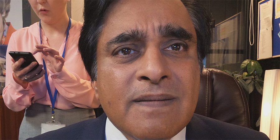 Election Spy. Image shows from L to R: Amy (Helen Monks), Sunni (Sanjeev Bhaskar). Copyright: Hat Trick Productions. Election Spy. Image shows from L to R: Amy (Helen Monks), Sunni (Sanjeev Bhaskar). Copyright: Hat Trick Productions.