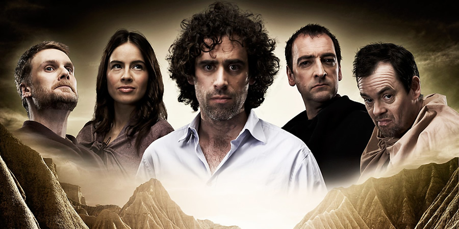ElvenQuest. Image shows from L to R: Vidar (Darren Boyd), Penthiselea (Ingrid Oliver), Sam (Stephen Mangan), Lord Darkness (Alistair McGowan), Dean (Kevin Eldon). Copyright: BBC. ElvenQuest. Image shows from L to R: Vidar (Darren Boyd), Penthiselea (Ingrid Oliver), Sam (Stephen Mangan), Lord Darkness (Alistair McGowan), Dean (Kevin Eldon). Copyright: BBC.