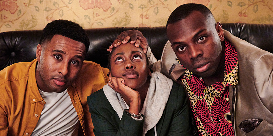 Enterprice. Image shows from L to R: Jeremiah (Trieve Blackwood-Cambridge), Simi (Fatou Sohna), Kazim (Kayode Ewumi). Copyright: Fudge Park. Enterprice. Image shows from L to R: Jeremiah (Trieve Blackwood-Cambridge), Simi (Fatou Sohna), Kazim (Kayode Ewumi). Copyright: Fudge Park.
