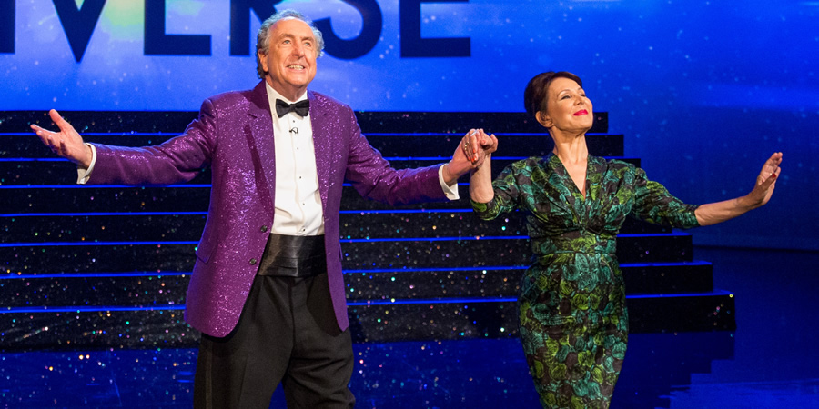 The Entire Universe. Image shows from L to R: Eric Idle, Muriel Tritt (Arlene Phillips). Copyright: BBC / Guy Levy. The Entire Universe. Image shows from L to R: Eric Idle, Muriel Tritt (Arlene Phillips). Copyright: BBC / Guy Levy.