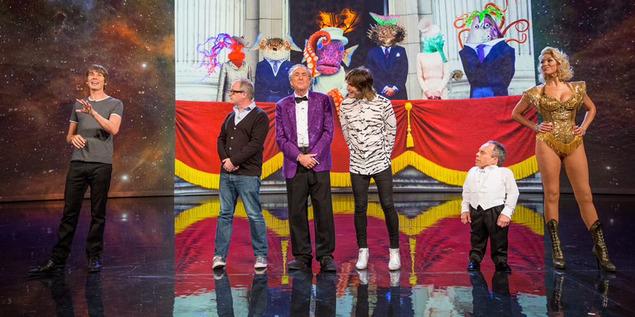 The Entire Universe. Image shows from L to R: Brian Cox, Robin Ince, Eric Idle, Noel Fielding, Warwick Davis, Hannah Waddingham. Copyright: BBC / Guy Levy. The Entire Universe. Image shows from L to R: Brian Cox, Robin Ince, Eric Idle, Noel Fielding, Warwick Davis, Hannah Waddingham. Copyright: BBC / Guy Levy.
