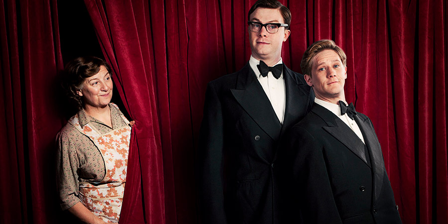 Eric & Ernie. Image shows from L to R: Sadie Bartholomew (Victoria Wood), Eric Morecambe (Daniel Rigby), Ernie Wise (Bryan Dick). Copyright: Blue Door Adventures. Eric & Ernie. Image shows from L to R: Sadie Bartholomew (Victoria Wood), Eric Morecambe (Daniel Rigby), Ernie Wise (Bryan Dick). Copyright: Blue Door Adventures.